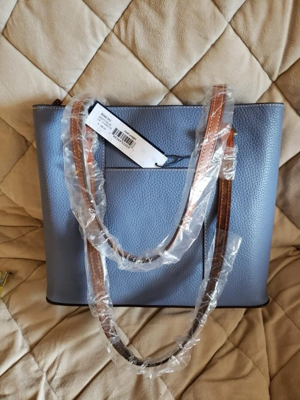 Dooney Blue Tote Bag with Brown Handles - Women's Handbag - Picture 2 of 4
